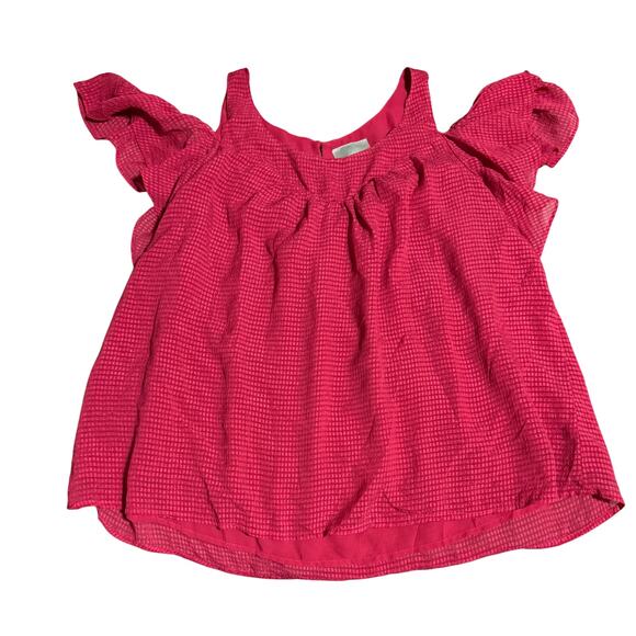 Anthro Maeve SZ 14 Magenta Gingham Top Cold Shoulder Micro Plaid Flutter Sleeve - Picture 2 of 10